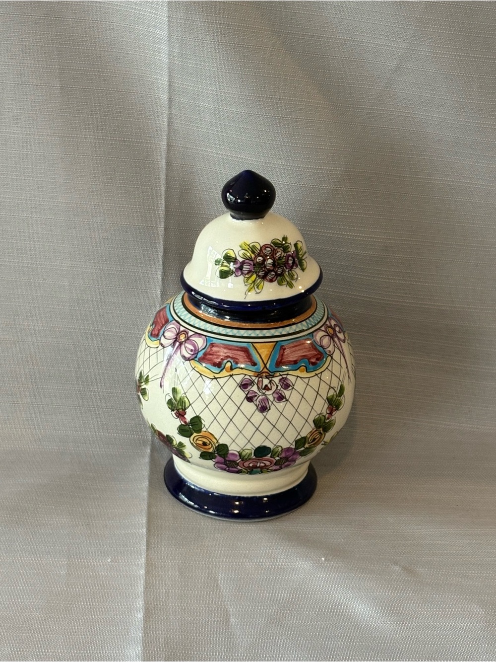 Decorative Ceramic Lidded Jar in Cream and Navy with Floral Motif